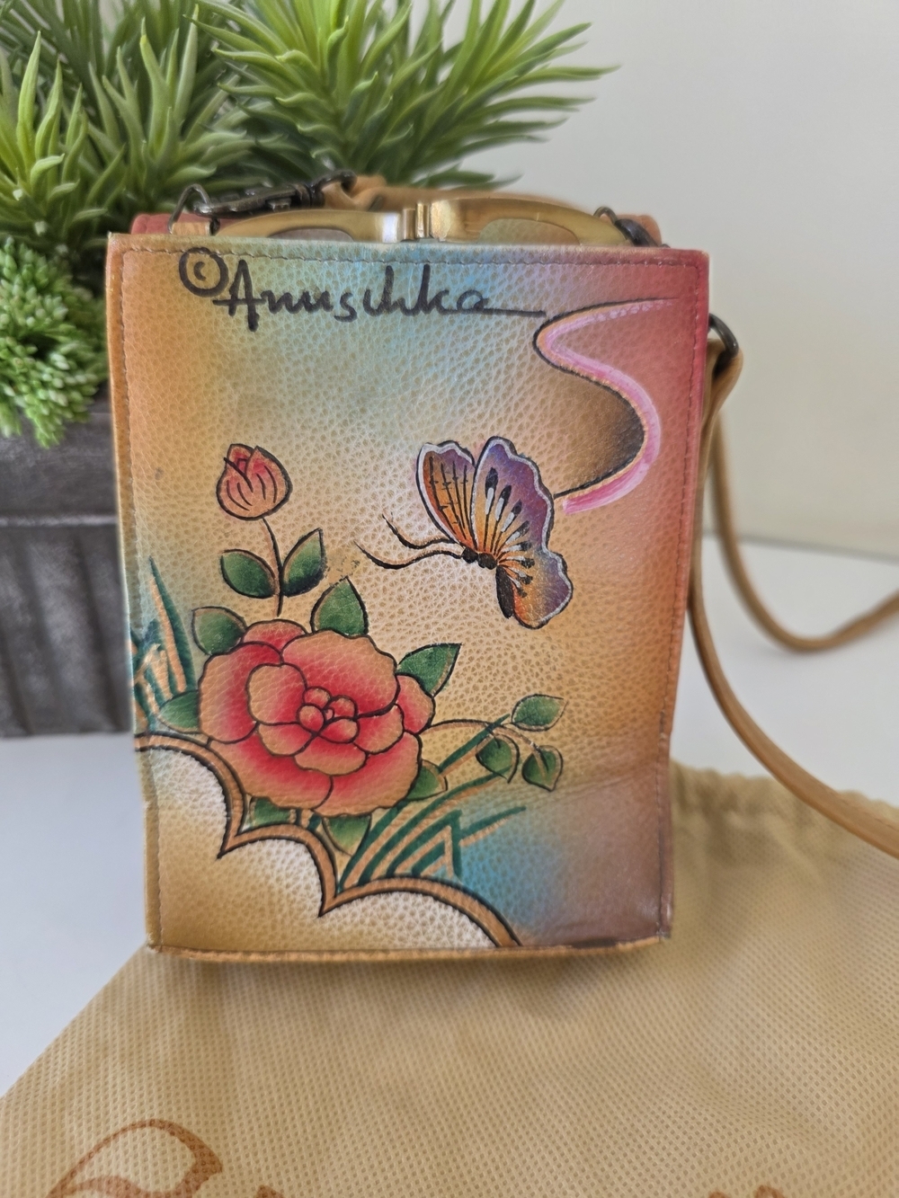 Anuschka Hand Painted Leather Crossbody Bag Butterfly Floral Mini Purse Clutch - Picture 2 of 16